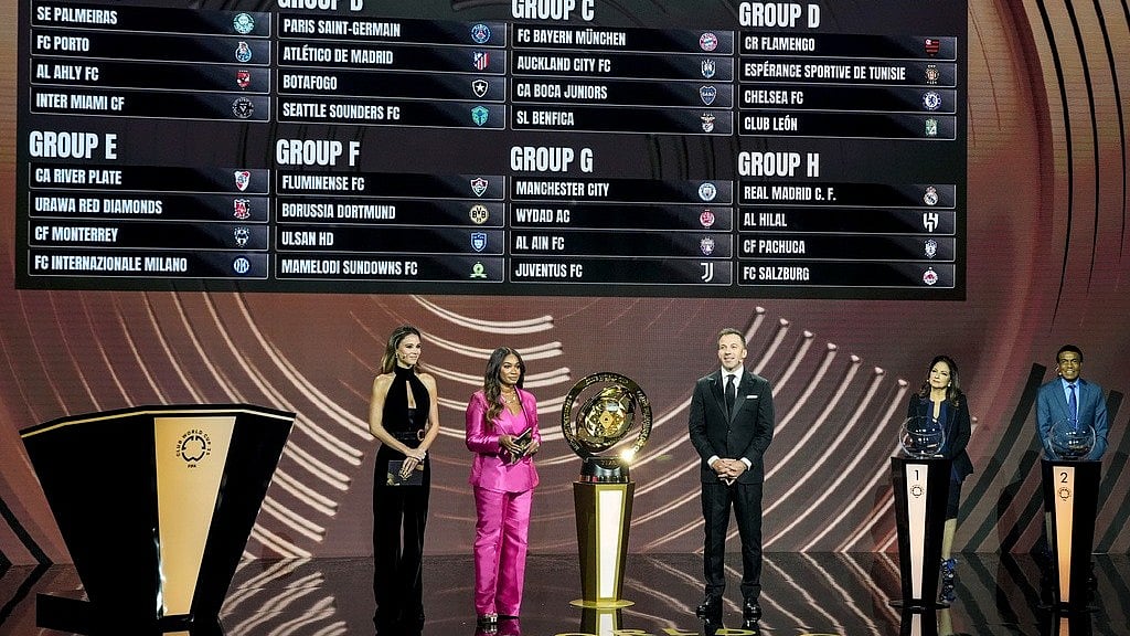 Presenter Samantha Johnson speaks on stage during the draw for the 2025 FIFA Club World Cup soccer tournament, Thursday, Dec. 5, 2024, in Miami. - (AP Photo/Rebecca Blackwell, File)