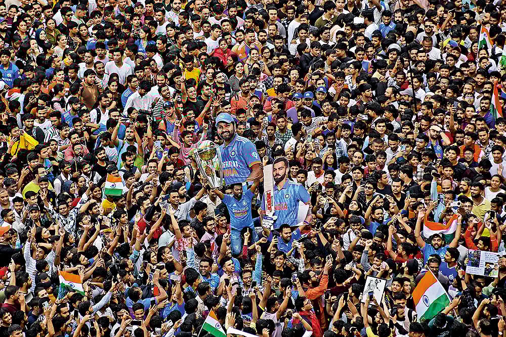 | Photo: Getty Images : The Big Win: Crowd cheering for Virat Kohli and Rohit Sharma after India beat South Africa in the T20 World Cup finals in 2024