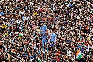 | Photo: Getty Images : The Big Win: Crowd cheering for Virat Kohli and Rohit Sharma after India beat South Africa in the T20 World Cup finals in 2024