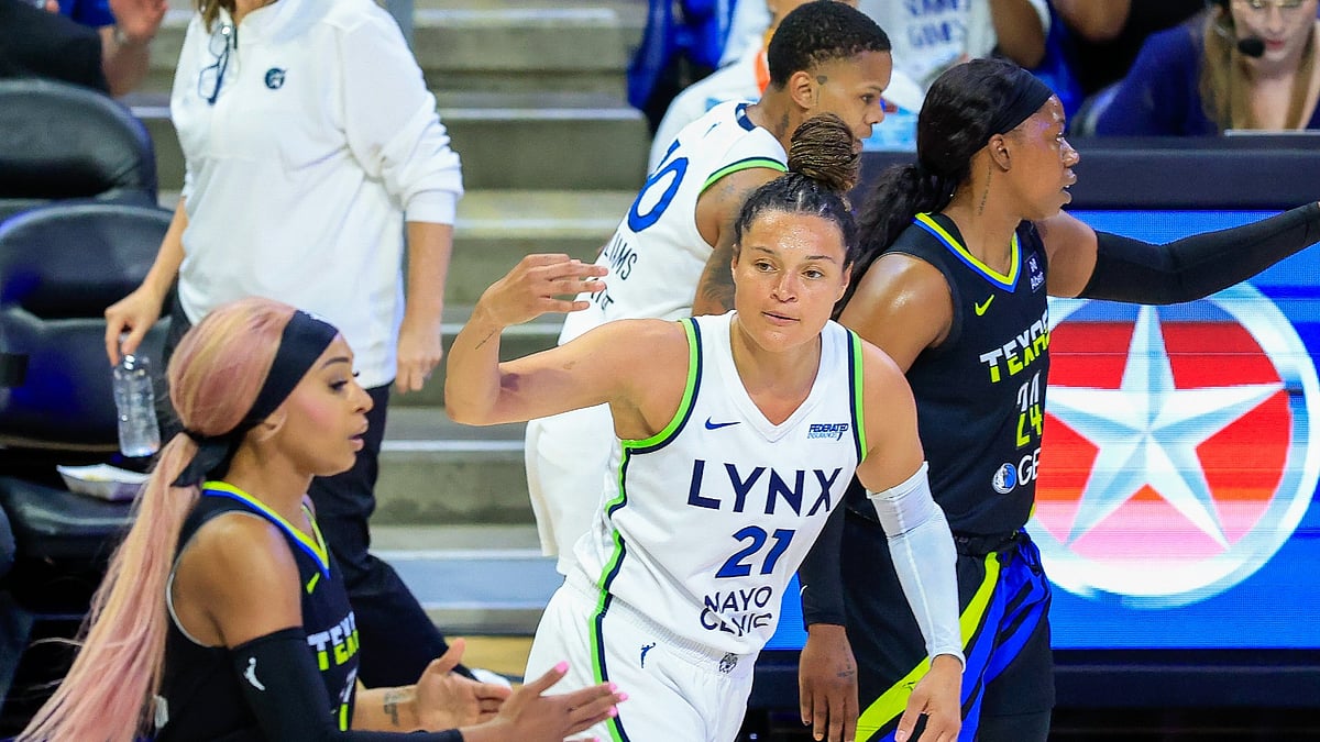 Minnesota Lynx guard Kayla McBride reacts after a basket vs. the Dallas Wings on June 8, 2025.
