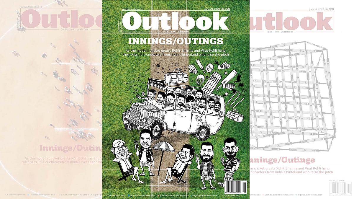 Cover Artwork by Saahil  : Outlook Magazine’s June 21, 2025 issue, Innings/Outings, which captures a turning point in Indian cricket —from retiring legends to small-town stars reshaping the game’s power map.