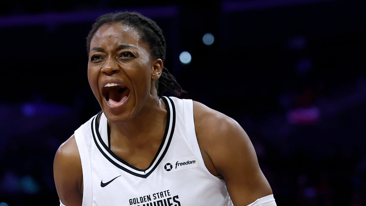 Golden State Valkyries center Temi Fagbenle celebrates a basket vs. the Los Angeles Sparks on June 9, 2025.