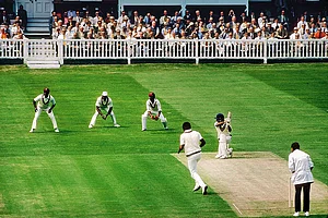 | Photo: Patrick Eagar : Turning Point: K Srikkanth drives Andy Roberts in the final of the World Cup against West Indies at the Lord’s Cricket Ground on June 25, 1983