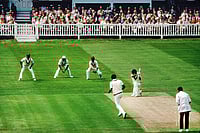 | Photo: Patrick Eagar : Turning Point: K Srikkanth drives Andy Roberts in the final of the World Cup against West Indies at the Lord’s Cricket Ground on June 25, 1983