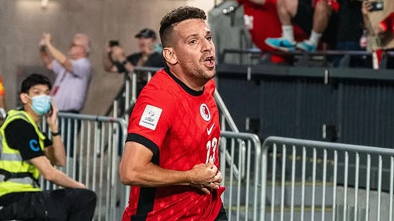 Hong Kong's Stefan Pereira celebrates after scoring against India in the AFC Asian Cup 2027 Qualifiers. - | Photo: Instagram/hkfa_official