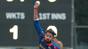 Photo: X/CricketNep : Nepal debutant Nandan Yadav dismissed Netherlands opener Max O'Dowd during their ICC Cricket World Cup League 2 match in Dundee, Scotland.