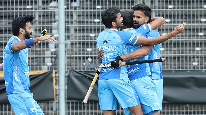 | Photo: X/asia_hockey : India's Abhishek celebrates after scoring against the Netherlands in FIH Pro League 2024-25.