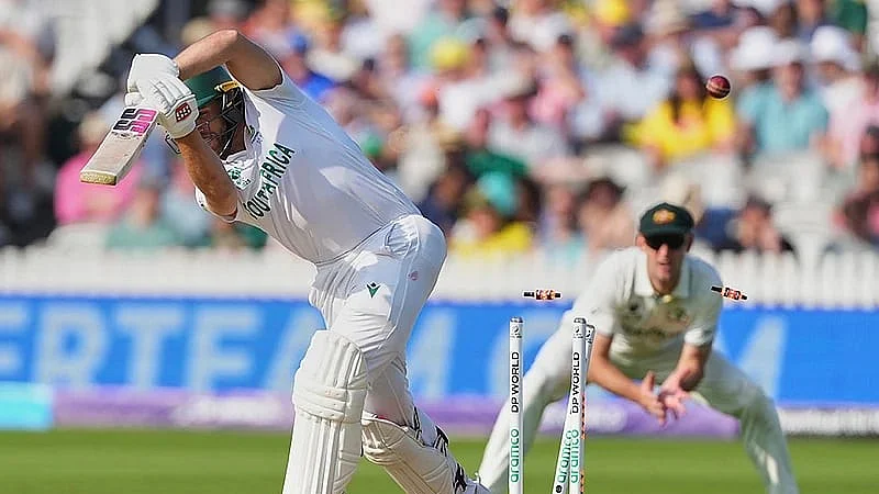 South Africas Wiaan Mulder is bowled out