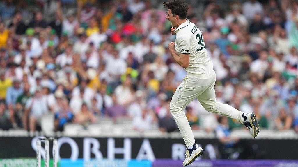 Kirsty Wigglesworth/AP : AUS captain Pat Cummins celebrates a fall of wicket against SA in the WTC Final Test at Lord's.