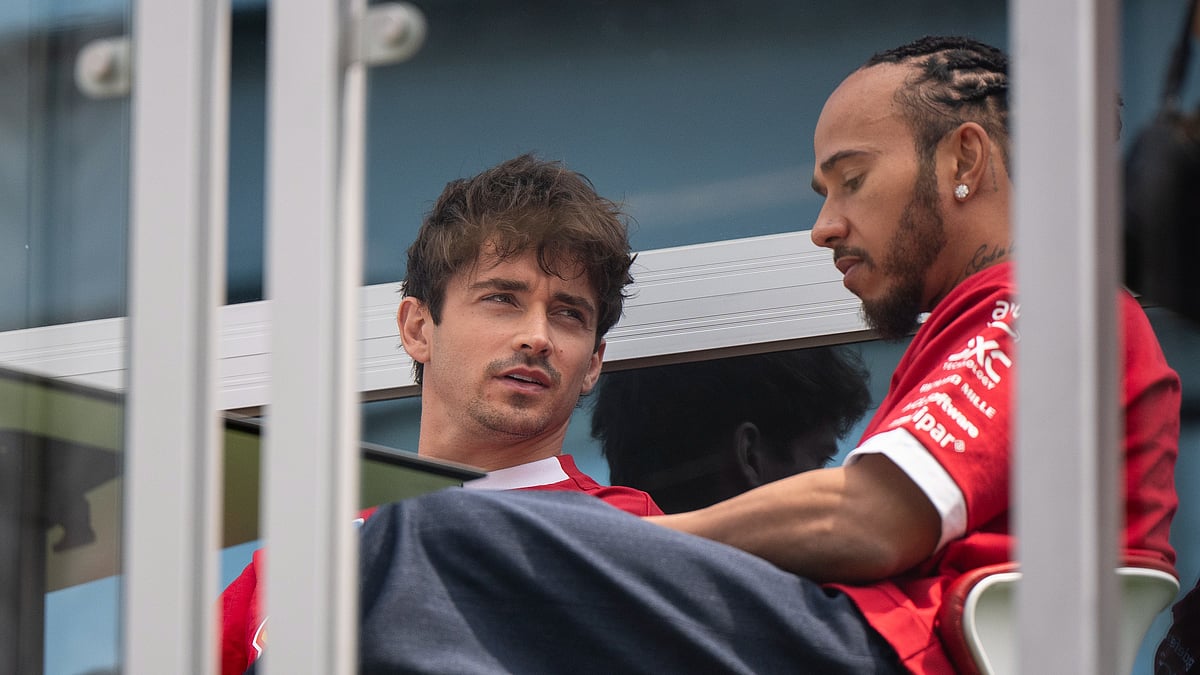 (Christopher Katsarov/The Canadian Press via AP)
 : Ferrari driver Charles Leclerc, left, of Monaco, speaks with Lewis Hamilton, of Britain, at the F1 Canadian Grand Prix auto race, Thursday, June 12, 2025, in Montreal. 
