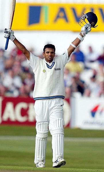 India's Raul Dravid celebrates after reaching his century during the first day of the Third npower Test match between England and India at Headingley in Leeds.