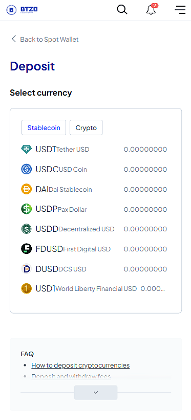 Deposit section on BTZO platform on a mobile screen