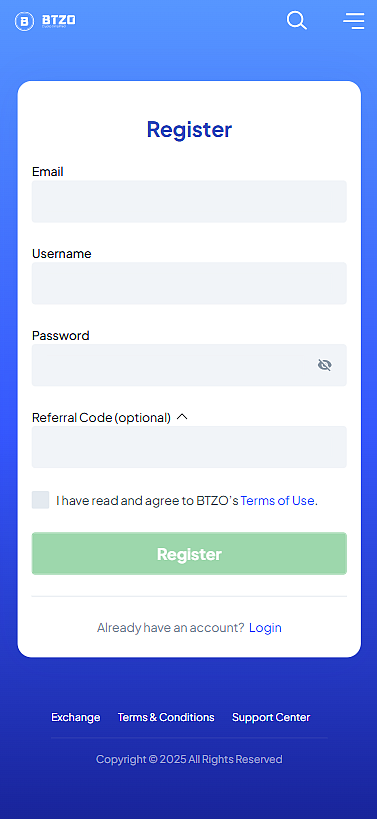 Register interface of the BTZO platform on a mobile screen