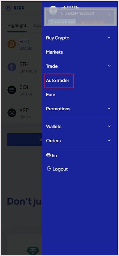 Sidebar Navigation of BTZO platform on a mobile screen