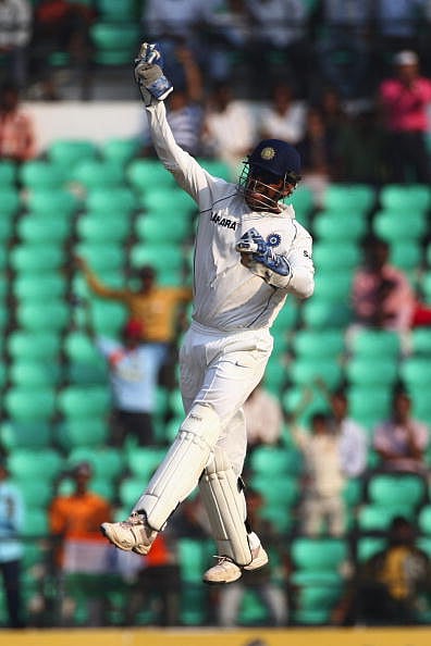 NAGPUR, INDIA - NOVEMBER 08: India captain MS Dhoni celebrates the wicket of Brad Haddin off the bowling of Amit Mishra during day three of the Fourth Test match between India and Australia at Vidarbha Cricket Association Stadium on November 8, 2008 in Nagpur, India.