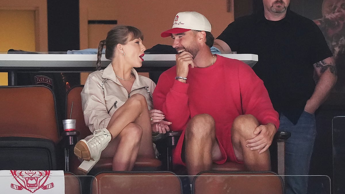  (Nathan Denette/The Canadian Press via AP) : Singer Taylor Swift, left, and Kansas City Chiefs football player Travis Kelce, front right, take in the third period in Game 4 of the NHL hockey Stanley Cup Final between the Edmonton Oilers and the Florida Panthers in Sunrise, Fla., Thursday, June 12, 2025.