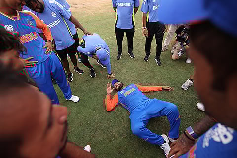 Rohit Sharma of India celebrates victory after winning the ICC Men's T20 Cricket World Cup following the ICC Men's T20 Cricket World Cup West Indies & USA 2024 Final match between South Africa and India at Kensington Oval on June 29, 2024 in Bridgetown, Barbados.