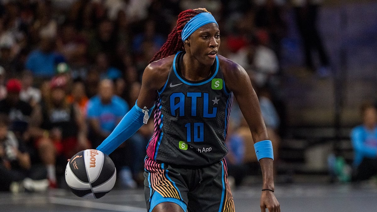 Rhyne Howard #10 of the Atlanta Dream dribbles the ball during the fourth quarter of a Commissioner's Cup game between the Chicago Sky and Atlanta Dream at Gateway Center Arena on June 13, 2025 in College Park, Georgia.