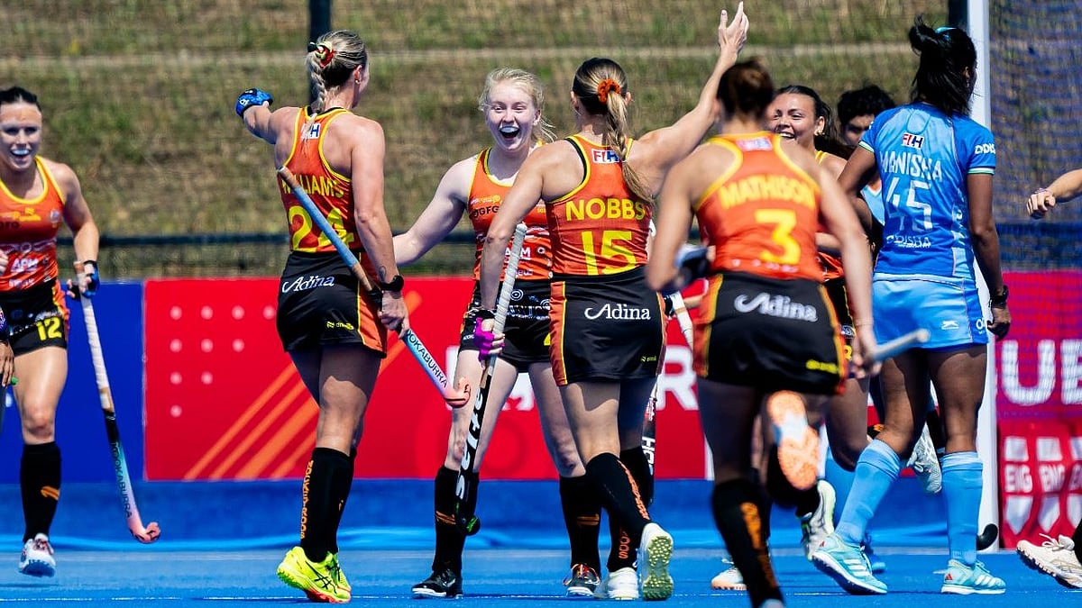 | Photo: Hockey India : Australian players celebrate after scoring against India in the FIH Women's Pro League match on 15 June 2025.