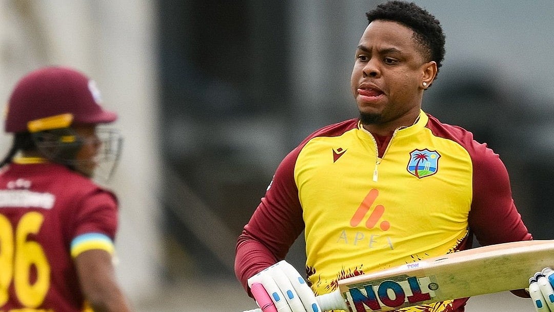 Shimron Hetmyer (right) bats during the third Ireland vs West Indies T20I at the Bready Cricket Ground. - X/Windies Cricket