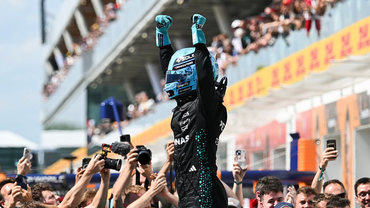Mercedes driver George Russell, of the United Kingdom, reacts. AP