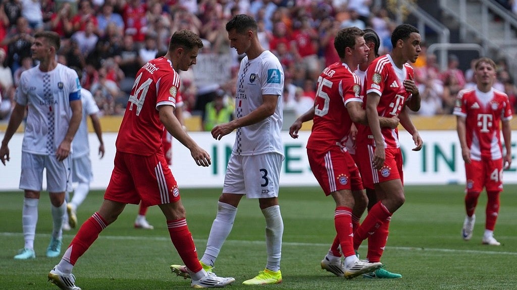 Photo: AP : Bayern Munich's Jamal Musiala, second right, celebrates after scoring his side's eighth goal during the FIFA Club World Cup group C match against Auckland City in Cincinnati.