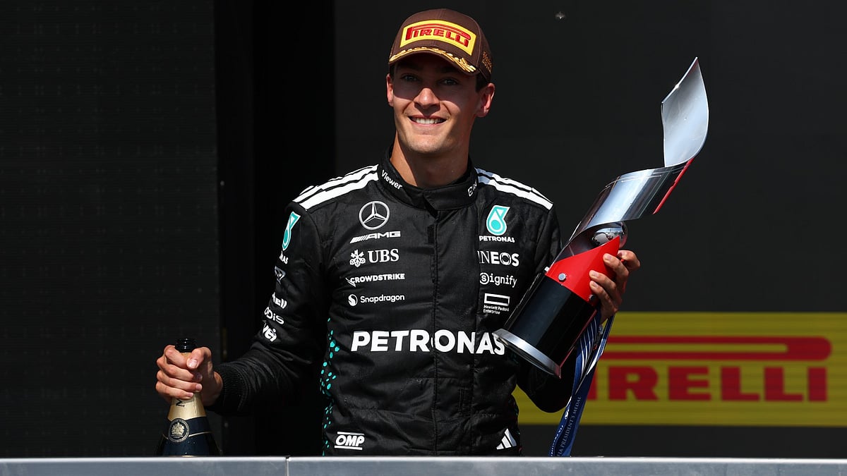George Russell celebrates his win in Montreal.