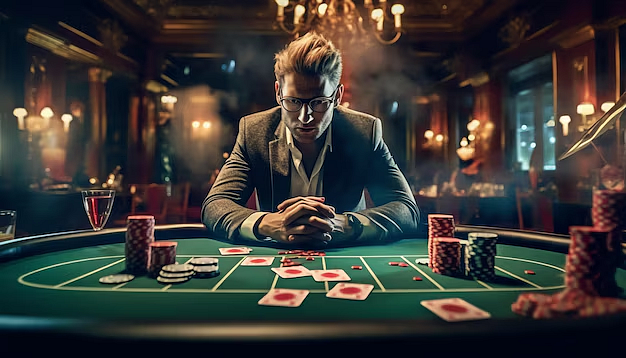 A men sits at the center of a casino table