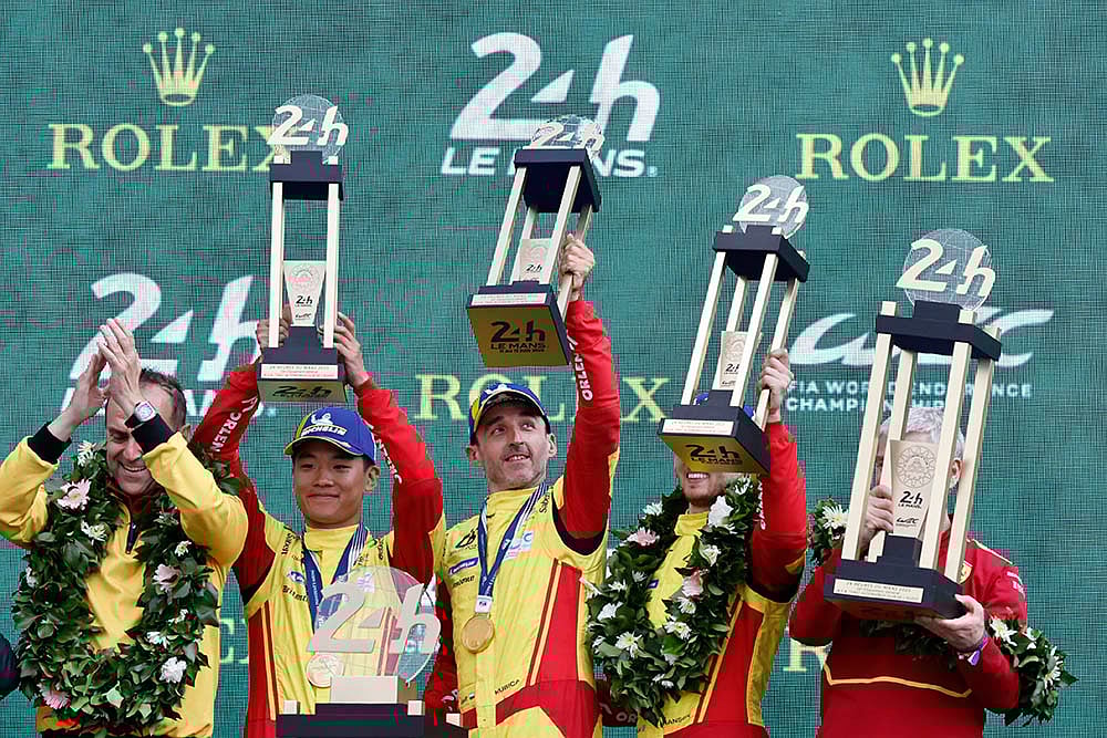 | Photo: AP/Jeremias Gonzalez : 24 Hours of Le Mans 2025: Yifei Ye, Robert Kubica (C), and Phil Hanson
