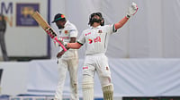| Photo: (AP Photo/Eranga Jayawardena) : Bangladesh's Mushfiqur Rahim celebrates his century during the first day of the first cricket test match between Sri Lanka and Bangladesh in Galle, Sri Lanka