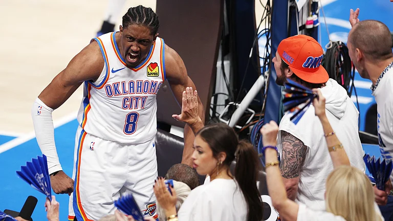 Oklahoma City Thunder forward Jalen Williams celebrates during Game 5 of the 2025 NBA Finals. - null
