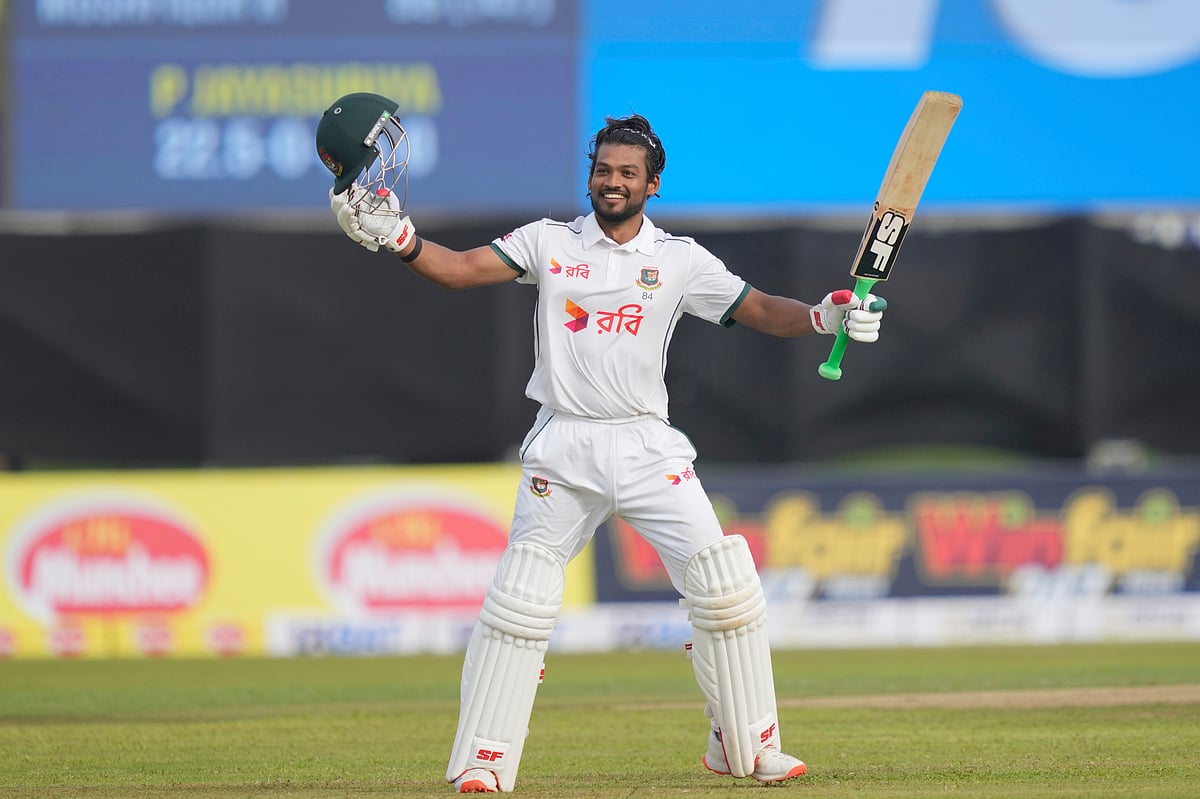 Bangladeshs captain Najmul Hossain Shanto celebrates his century