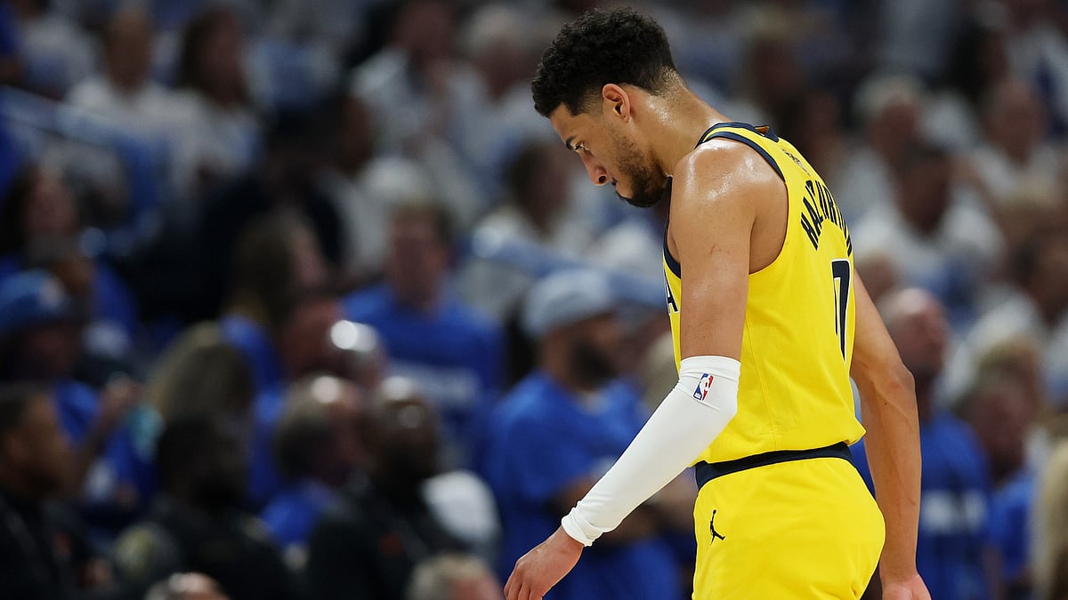 Tyrese Haliburton #0 of the Indiana Pacers reacts during the first quarter in Game Five of the 2025 NBA Finals at Paycom Center on June 16, 2025 in Oklahoma City, Oklahoma.