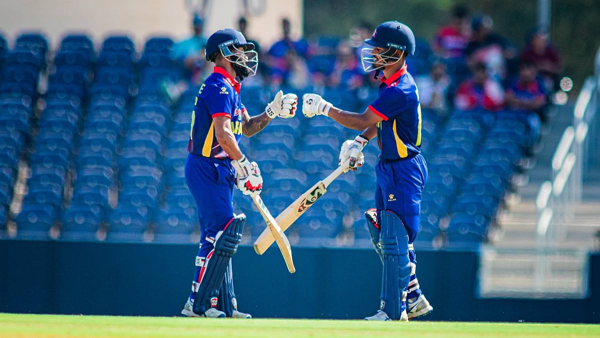 | Photo: X/CricketNep : Nepal’s Rohit Paudel and Dipendra Singh Airee ahead of the third Super Over against the Netherlands.
