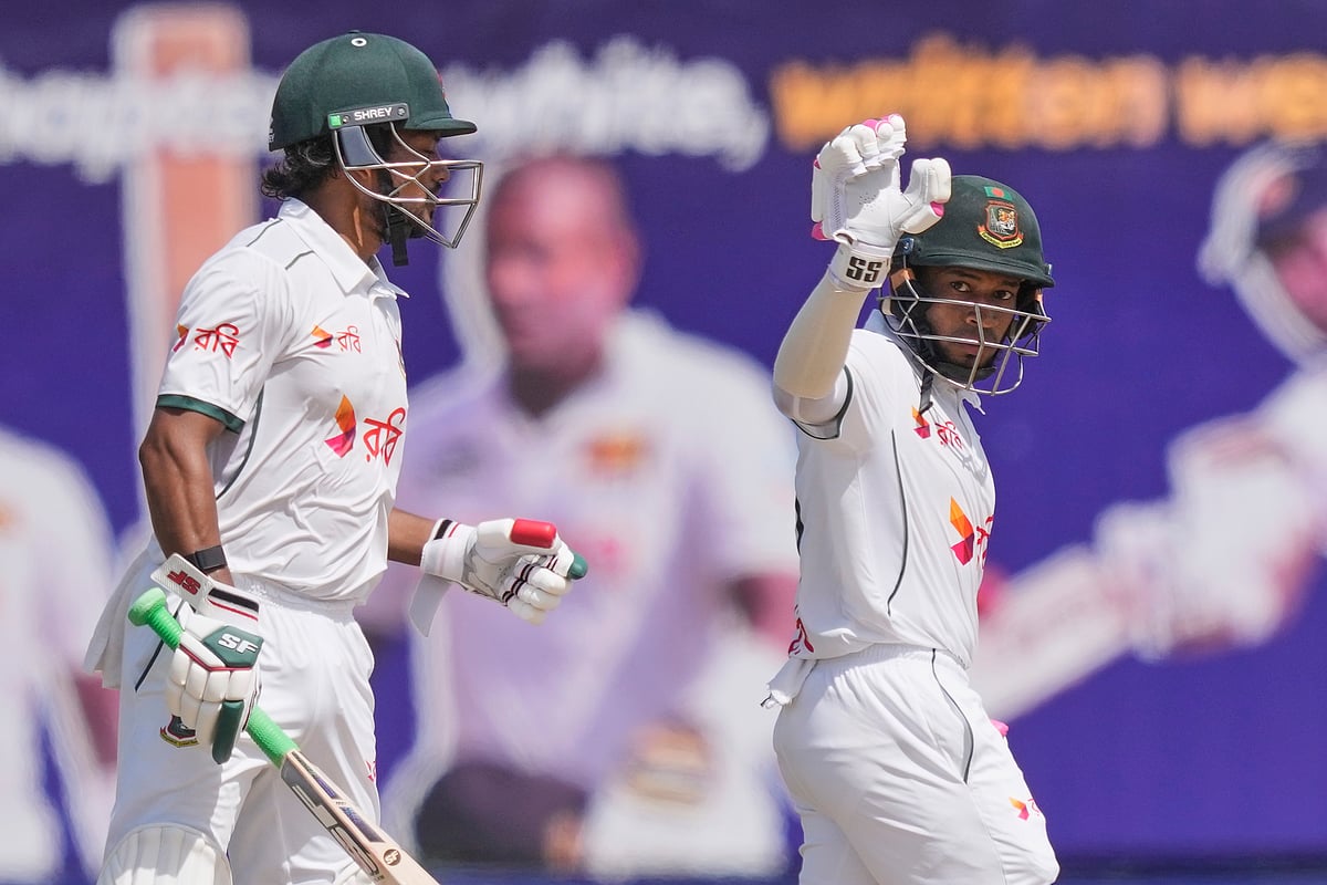 Bangladesh's captain Najmul Hossain Shanto plays a shot during the first day of the first cricket test match between Sri Lanka and Bangladesh in Galle - |Photo: (AP Photo/Eranga Jayawardena)