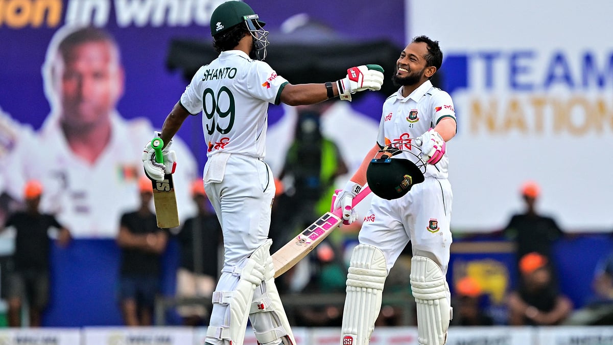 Najmul Hossain Shanto and Mushfiqur Rahim celebrate their centuries against Sri Lanka