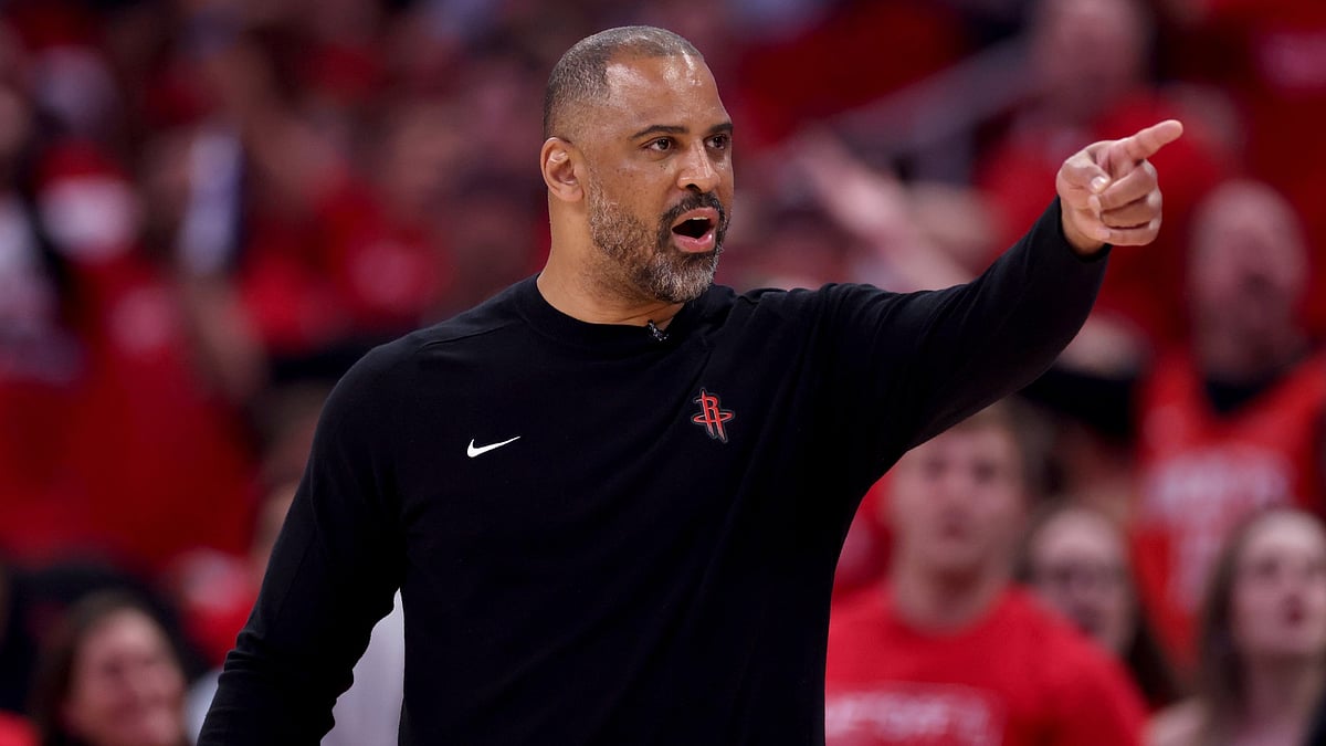Houston Rockets head coach Ime Udoka on the sidelines during a playoff game vs. the Golden State Warriors on April 23, 2025.