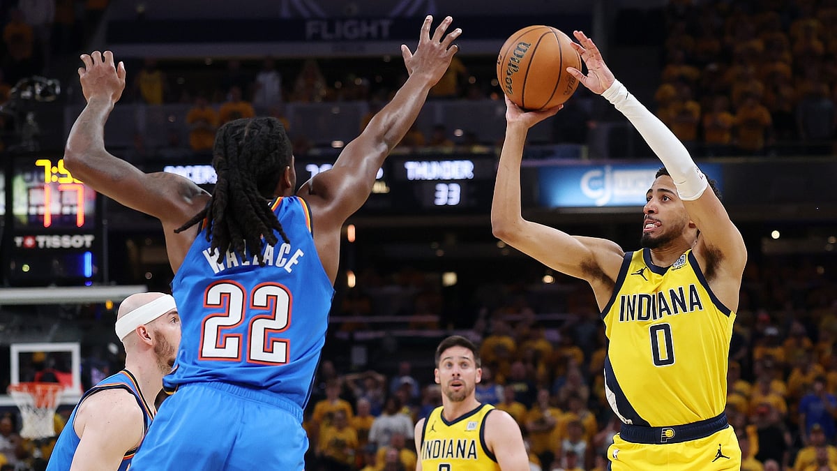 Tyrese Haliburton #0 of the Indiana Pacers attempts a jump shot against Cason Wallace #22 of the Oklahoma City Thunder during the second quarter in Game Six of the 2025 NBA Finals at Gainbridge Fieldhouse on June 19, 2025 in Indianapolis, Indiana.