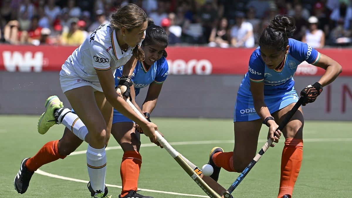 | Photo: Hockey India : India vs Belgium, FIH Women's Pro League 2024-25: India's players in action in their first match against Belgium at Antwerp on 21 June 2025.
