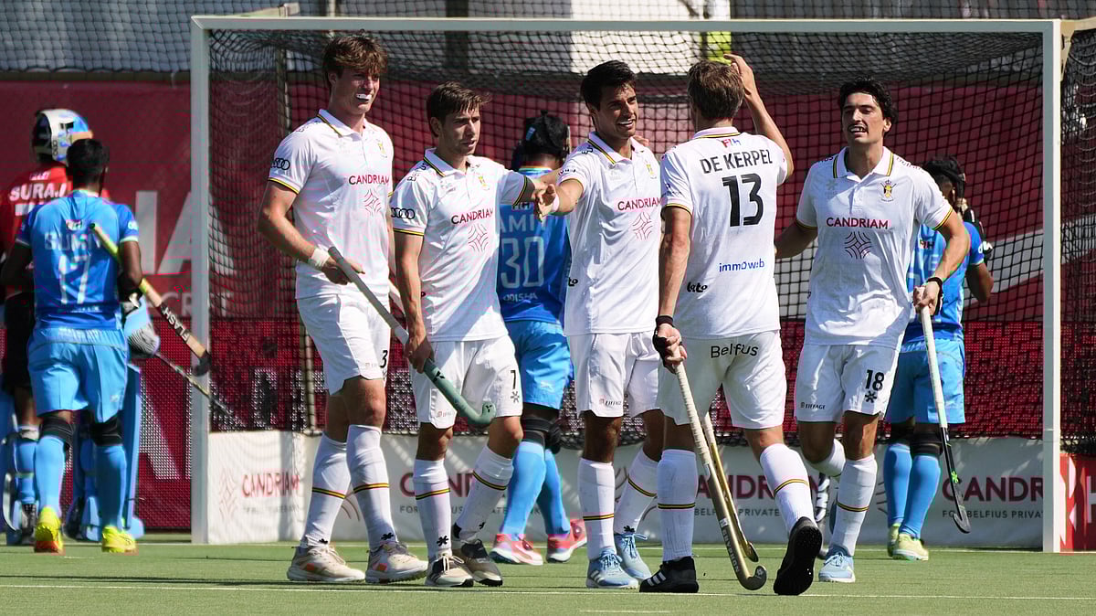 | Photo: AP/Virginia Mayo : India vs Belgium, FIH Pro League 2024-25: Players celebrate after Belgium's Alexander Hendrickx, center, scored his sides second goal during the FIH Hockey Pro League game between Belgium and India at the Wilrijkse Plein in Antwerp, Belgium, Saturday, June 21, 2025.