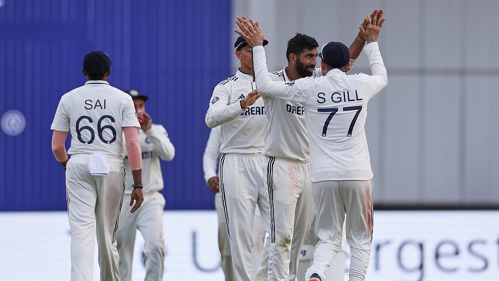AP : India's Jasprit Bumrah, second right, celebrates with teammates after the dismissal of England's Joe Root on day two of the first Test match at Headingley in Leeds.