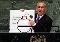 AP Photo/Richard Drew, File : In this Sept. 27, 2012 file photo, Israeli Prime Minister Benjamin Netanyahu shows an illustration as he describes his concerns over Iran's nuclear ambitions during his address to the 67th session of the United Nations General Assembly at U.N. headquarters