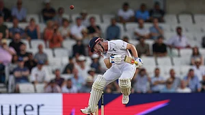 AP/Scott Heppell : England's Harry Brook bats on day two of the first cricket test match between England and India at Headingley in Leeds, England, Saturday.