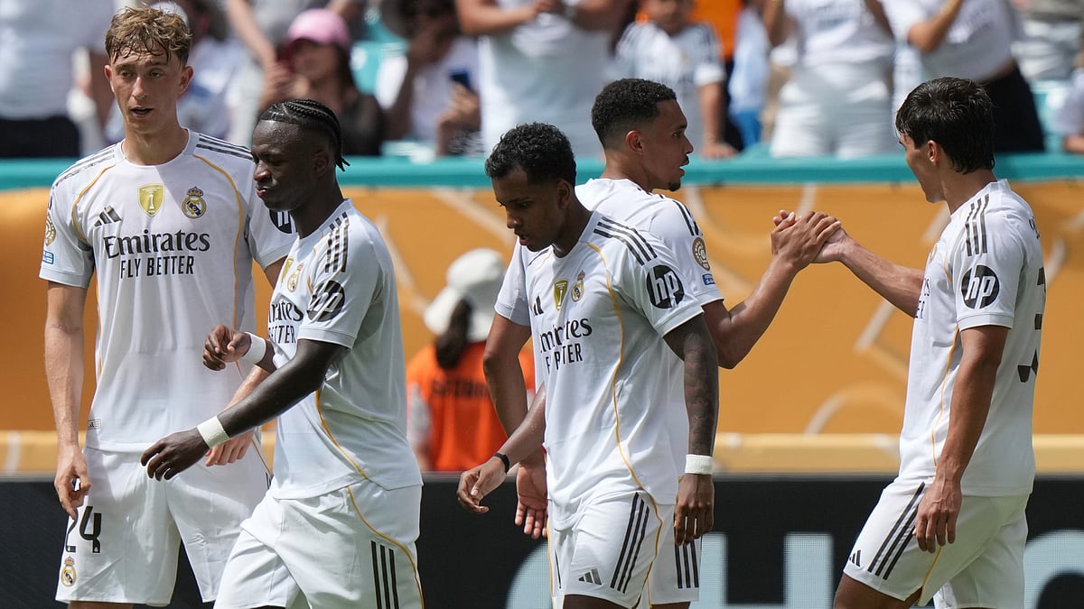 | Photo: AP/Lynne Sladky : Real Madrid vs Pachuca, FIFA Club World Cup 2025: Gonzalo Garcia celebrates with teammates after scoring the opening goal of his team during the Club World Cup group H soccer match between Real Madrid and Al Hilal in Miami, Fla., Wednesday, June 18, 2025.