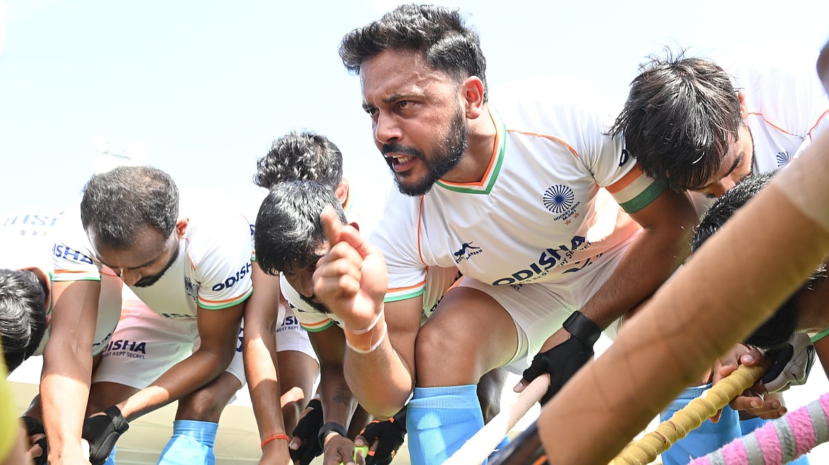 | Photo: Hockey India : India Vs Belgium, FIH Pro League 2024-25: Indian captain Harmanpreet Singh gives a team talk during the second hockey match against Belgium on 22 June 2025.