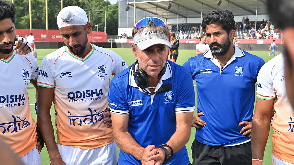 | Photo: Hockey India : India men's hockey team coach Craig Fulton addresses his squad during the FIH Pro League game against Belgium.