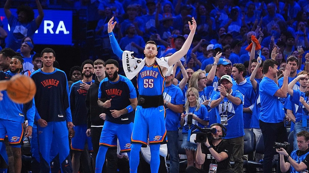 AP/Julio Cortez : Oklahoma City Thunder center Isaiah Hartenstein (55) reacts after guard Luguentz Dort made a 3-pointer during the second half of Game 7 of the NBA Finals basketball series against the Indiana Pacers Sunday, June 22, 2025, in Oklahoma City.