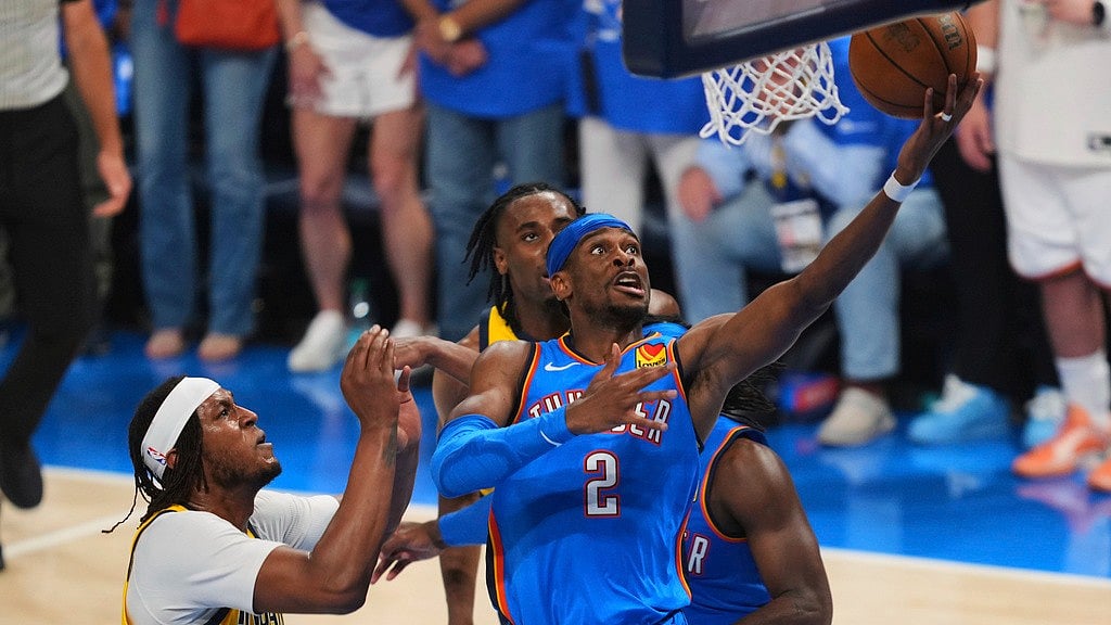 AP/Kyle Phillips : Oklahoma City Thunder guard Shai Gilgeous-Alexander (2) shoots against Indiana Pacers center Myles Turner (33) during the first half of Game 7 of the NBA Finals basketball series Sunday, June 22, 2025, in Oklahoma City.