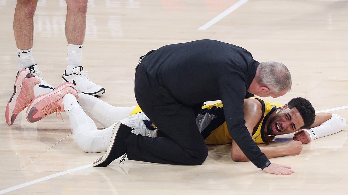 Tyrese Haliburton #0 of the Indiana Pacers sustains an injury during the first quarter against the Oklahoma City Thunder in Game Seven of the 2025 NBA Finals at Paycom Center on June 22, 2025 in Oklahoma City, Oklahoma.