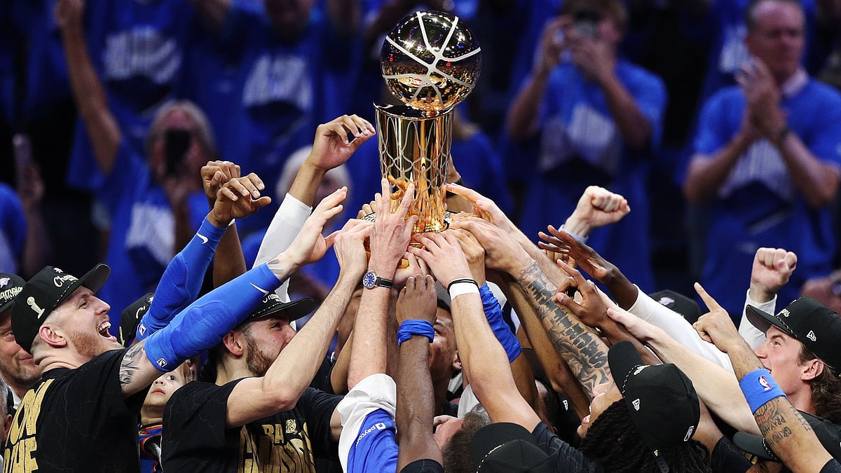 The Oklahoma City Thunder celebrate after defeating the Indiana Pacers 103-91 in Game Seven of the 2025 NBA Finals at Paycom Center on June 22, 2025 in Oklahoma City, Oklahoma.